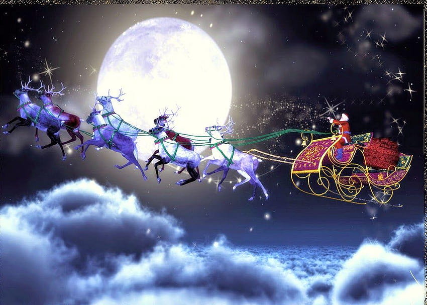 Noel Baba gökyüzünde uçan ren geyiği kızağına binerek şehre geliyor, Noel Baba'nın kızağı gökyüzünde HD duvar kağıdı