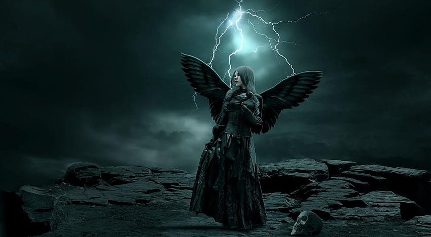 Dark horror gothic angel women skull cg digital art lightning, lightning women HD wallpaper