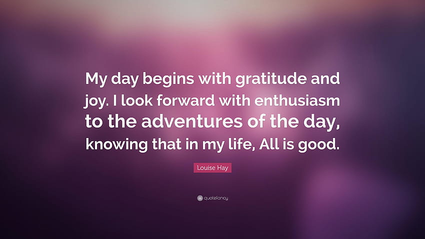 Цитат на Луиз Хей: „Денят ми започва с благодарност и радост. Гледам HD тапет