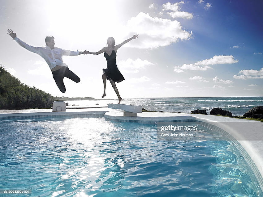 Couple Jumping Off Diving Board In Swimming Pool High, pool couple HD wallpaper