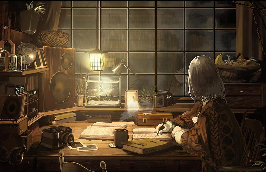 Chill And Study In a Rainy Day Engine w 2020 roku, samotna kawowa dziewczyna z anime Tapeta HD