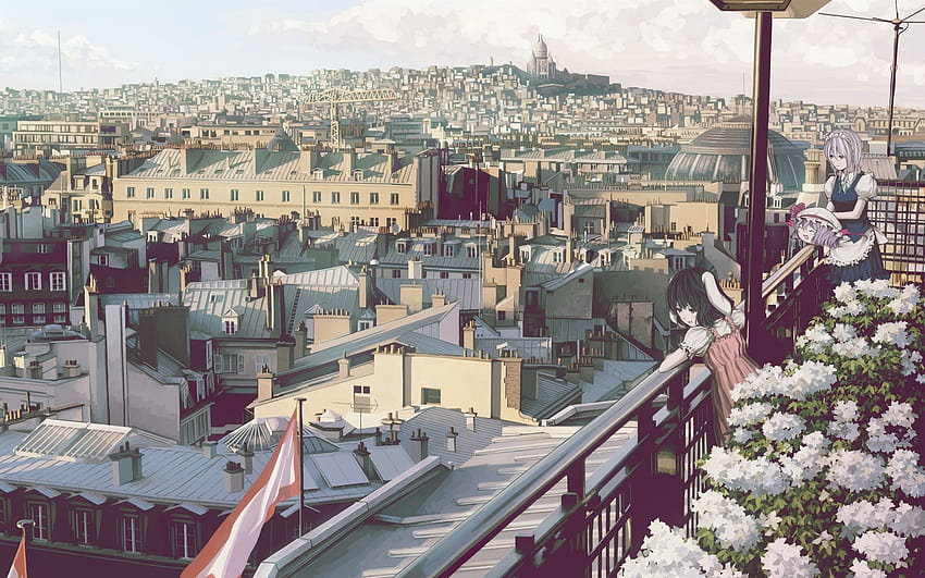 w/, anime scenery roof top HD wallpaper