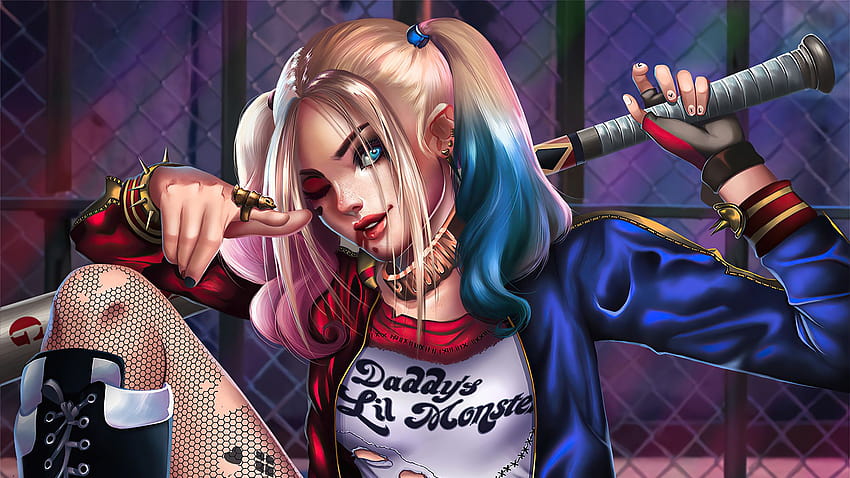 : Harley Quinn, DC Comics, Suicide Squad, mazza da baseball, guardando lo spettatore, occhi azzurri 1920x1080, cartoni animati della squadra suicida Sfondo HD