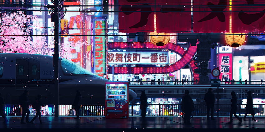 ID: 103850 / sztuka cyfrowa, grafika, Japonia, miasto, ulica, pejzaż miejski, automat, cyberpunk, Tokio, pociąg, cyberpunk japonia Tapeta HD
