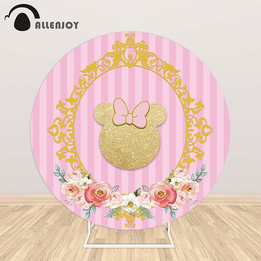 Allenjoy Mouse Head Cartoon Circle Round Backdrops Flowers Pink Stripe Bow Elástico Capa de Mesa Fundos Elásticos Papel de parede de celular HD