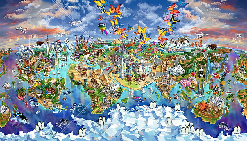 Mapa Ilustrado das Maravilhas do Mundo – feito papel de parede HD