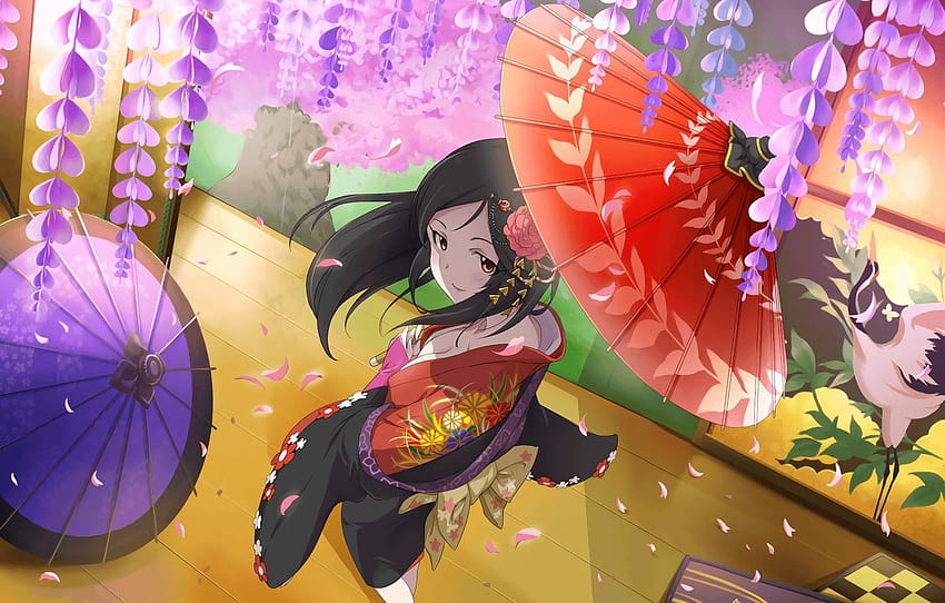 Regenschirm, Sakura, Kimono, Kranich, Momoi Satsuki, Wisteria, Idolmaster, der Idolm @ ster: Mädchen HD-Hintergrundbild
