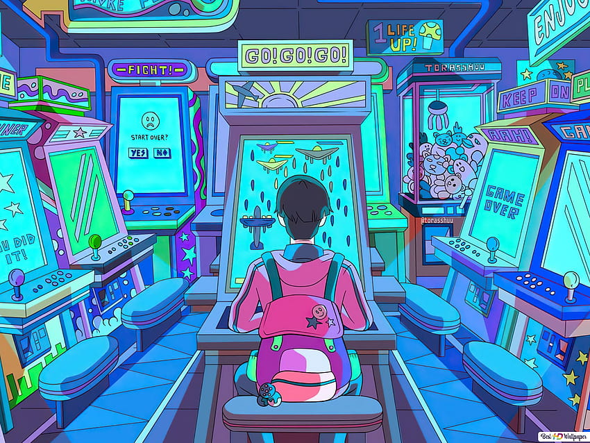 Lexica - Vintage 90's anime style environmental wide shot of a chaotic  arcade at night; a woman wearing streetwear playing an arcade game; by  Hajime ...