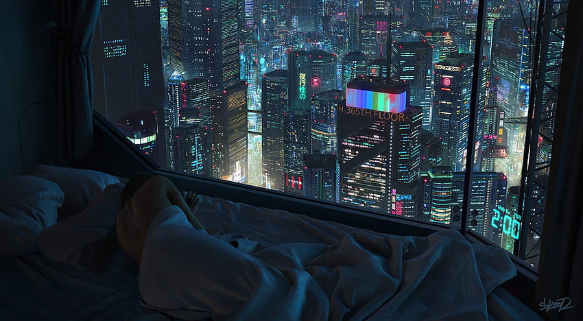 2am Cyberpunk High Rise Apartment: Киберпънк, киберпънк стая HD тапет