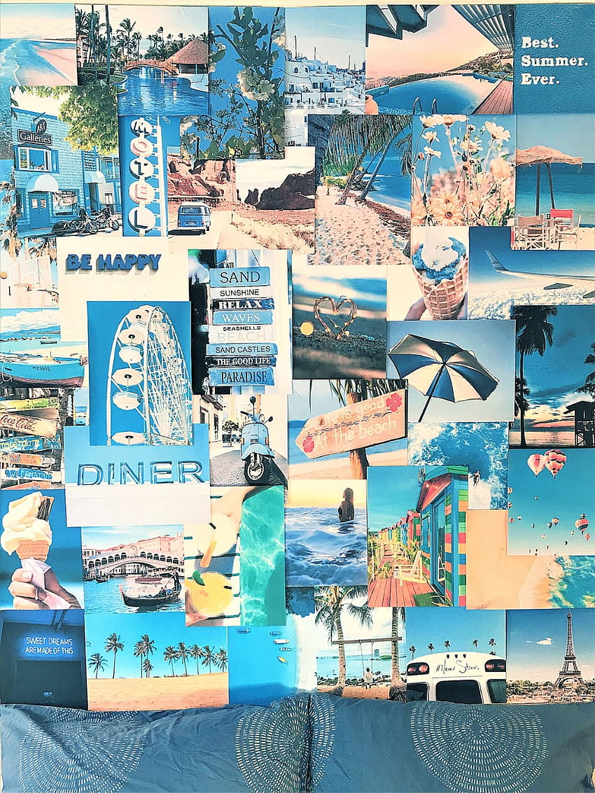 Blue Aesthetic Beach Kit Kolase Dinding Ukuran A4 Besar Retro, kolase musim panas biru wallpaper ponsel HD