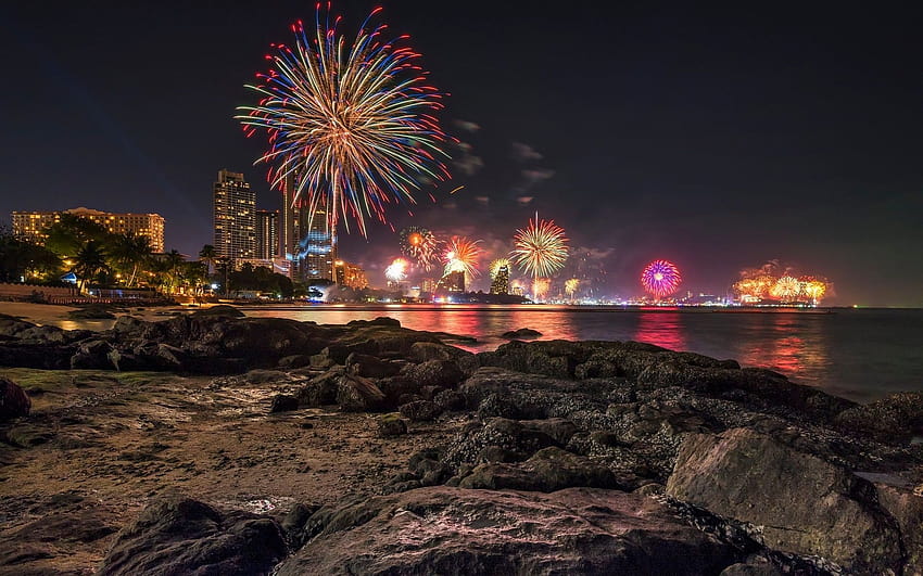 Pattaya, nightscapes, fireworks, Thailand, Asia with resolution 1920x1200. High Quality HD wallpaper