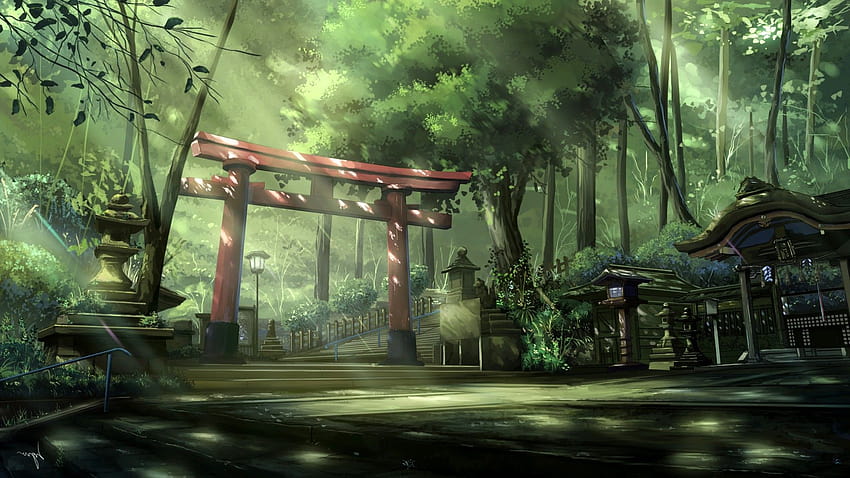 : trees, landscape, Asian architecture, anime, sun rays, torii, jungle, rainforest, steps, tree, screenshot, 1920x1080 px, bayou, computer , pc game, biome, old growth forest, cg artwork, visual effects, environmental art, tree anime HD wallpaper