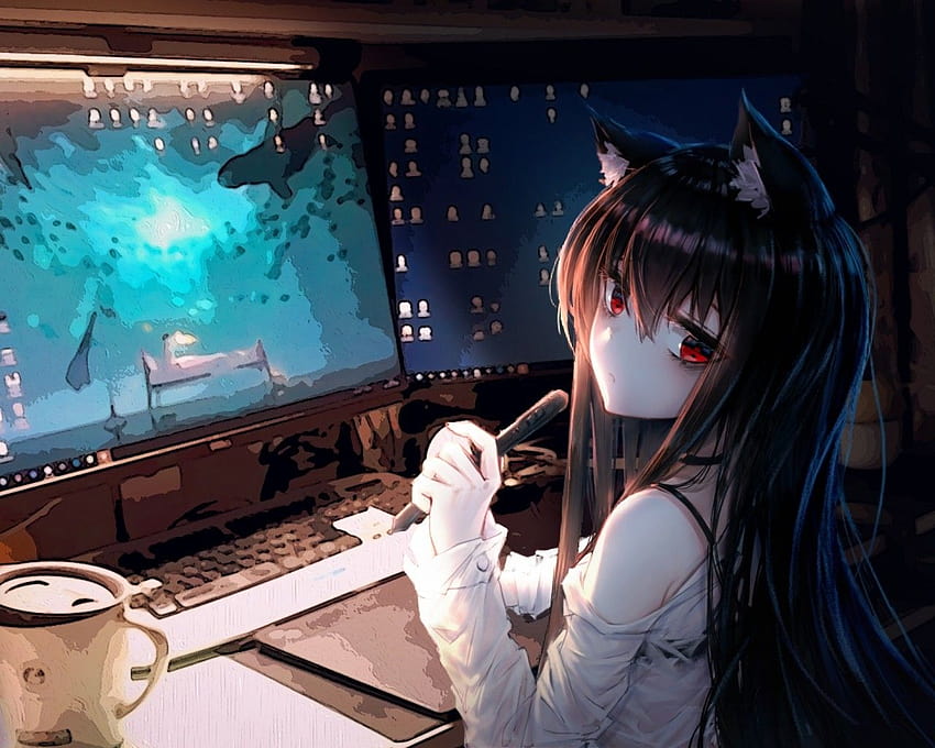 Anime Cat Girl, Room, Computer, Animal ..., gamer girl kawaii pc HD wallpaper