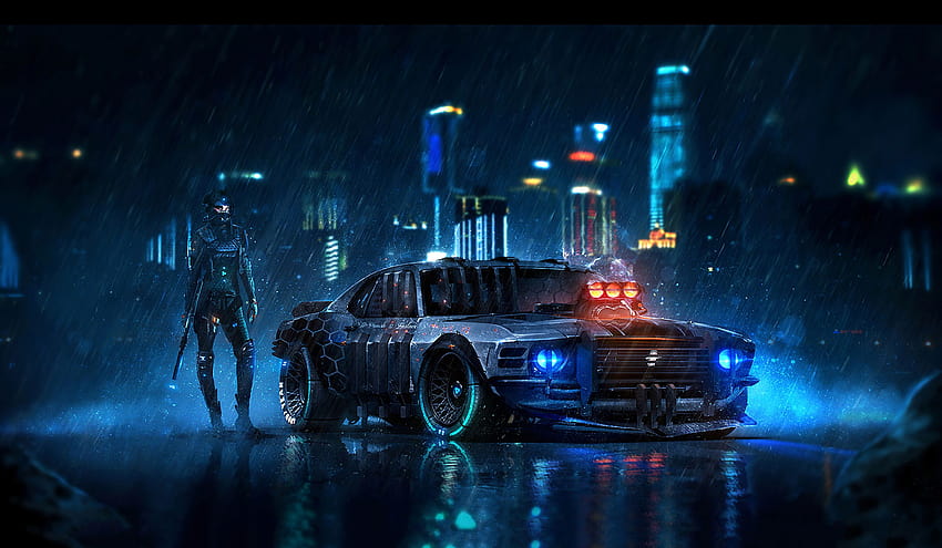 Ford Mustang Cyberpunk, Samochody, Tła i Mustang GT w nocy Tapeta HD
