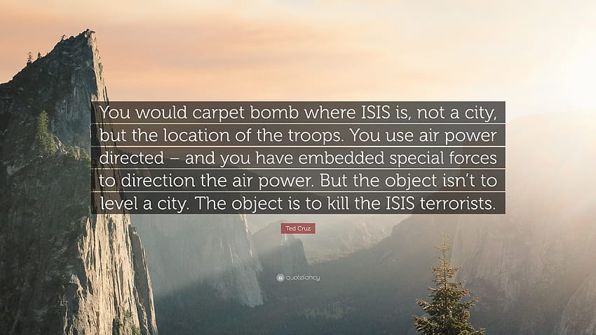 Citazione di Ted Cruz: “Faresti una bomba a tappeto dove si trova l'ISIS, non una città, ma la posizione delle truppe. Usi la potenza dell'aria diretta e hai...” Sfondo HD