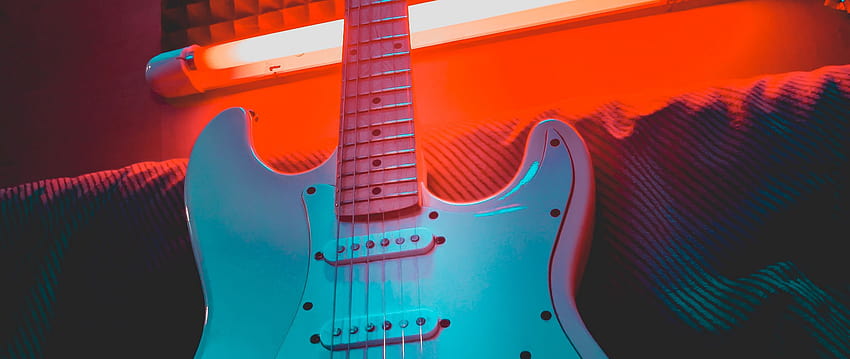 2560x1080 electric guitar, guitar, musical instrument, neon, light dual wide backgrounds, neon guitar HD wallpaper