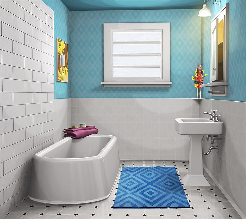 INT. RESIDENTIAL BATHROOM SKY BLUE, 애니메이션 욕실 HD 월페이퍼