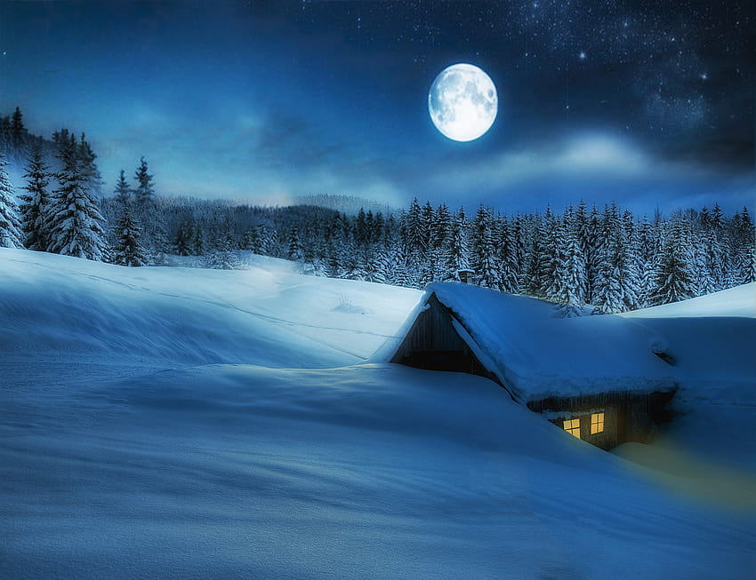 Kış Kabini üzerinde Dolunay, kış gecesi ayı HD duvar kağıdı