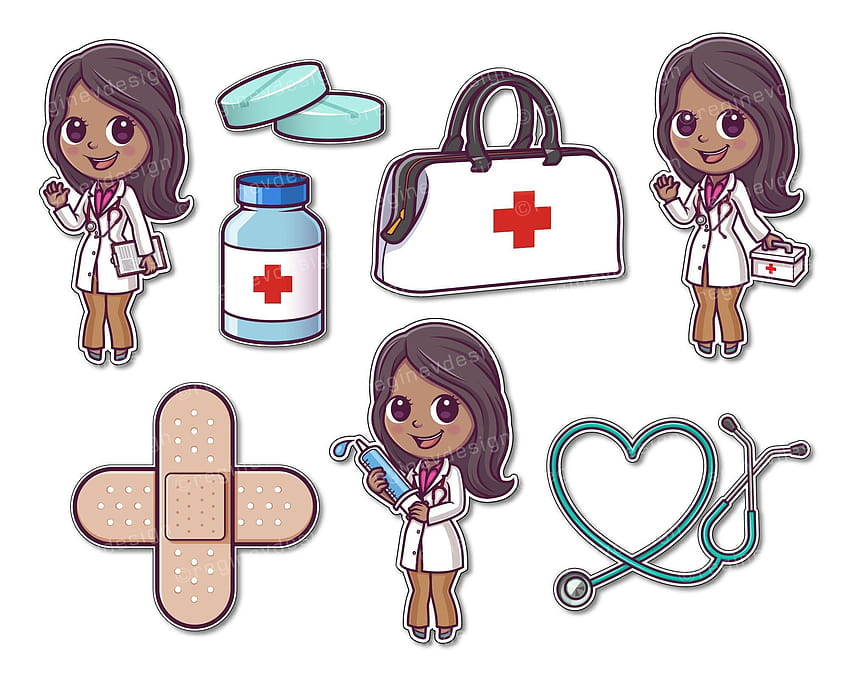 Clipart de docteur mignon, hôpital, afro-américain, fille, femelle, infirmière, docteur, dessin animé, vecteur, Chibi, Scrapbookin… en 2020, caricature de fille médecin esthétique Fond d'écran HD