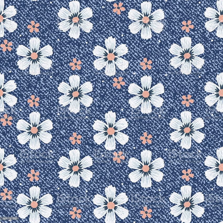 Vector Daisies Seamless Pattern Denim Floral Blue Jeans Backgrounds With Flowers Hazır İlüstrasyonlar HD telefon duvar kağıdı