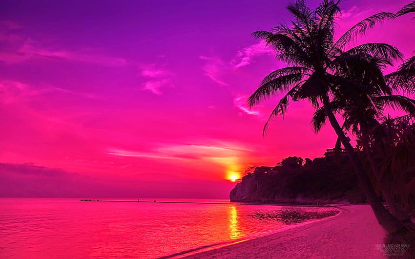 Matahari Terbenam Pantai Merah Muda Wallpaper HD