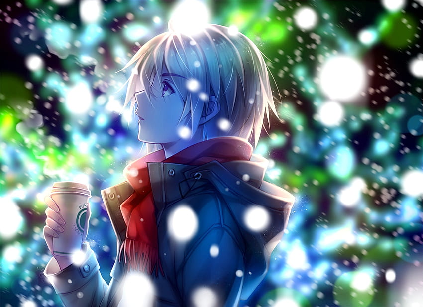 Nieve, invierno, café, chico anime, vista de perfil, bufanda roja, anime de invierno rojo fondo de pantalla