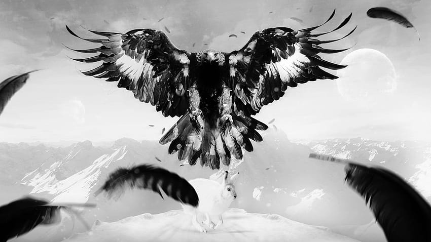 Adler, Hasenkunst, Vogelfedern, Berge, Adlerkunst HD-Hintergrundbild