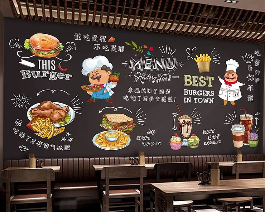 Beibehang 맞춤형 현대 환경 손으로 그린 ​​패스트 푸드 레스토랑 버거 레스토랑 케이터링 배경 HD 월페이퍼