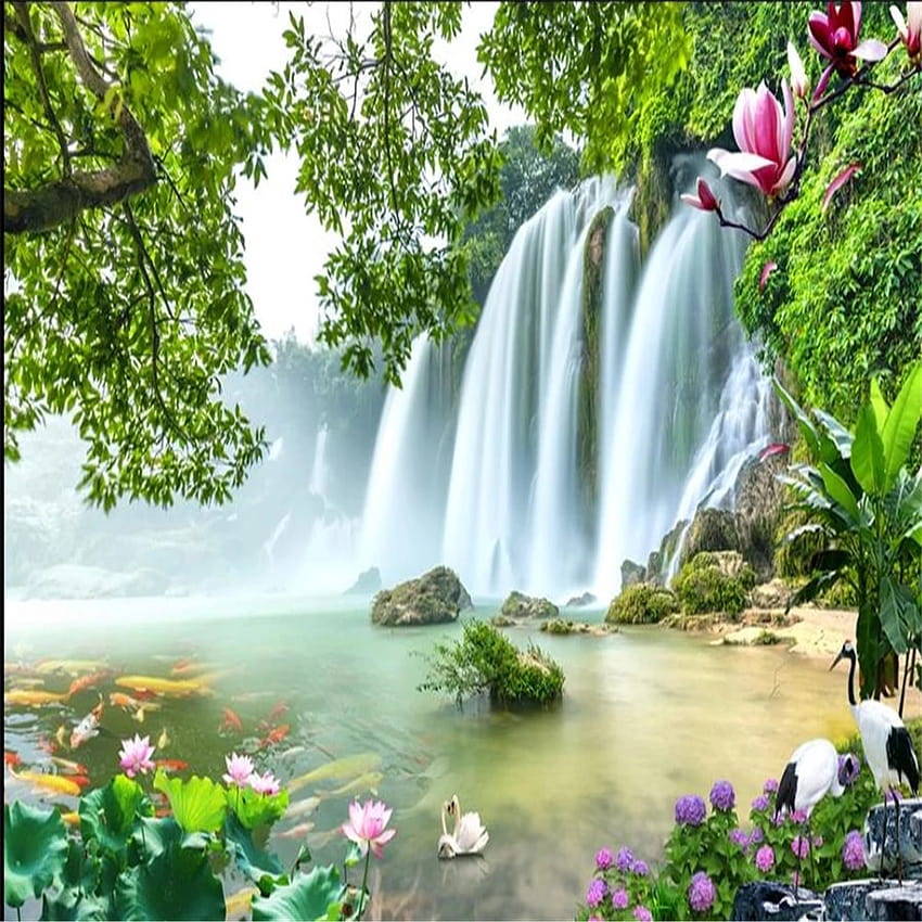 bellissimo scenario Cascata Grande albero Loto Nove pesci Sfondi di pittura di paesaggio 3D Wal, cascata del giardino primaverile Sfondo del telefono HD