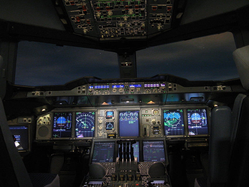 Отпечатан платнен плакат в пилотската кабина на Airbus A380, кабина HD тапет