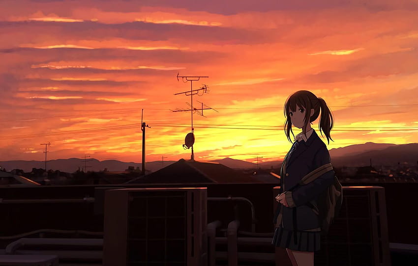 The Sky, Sunset, Girl, rooftop anime HD wallpaper