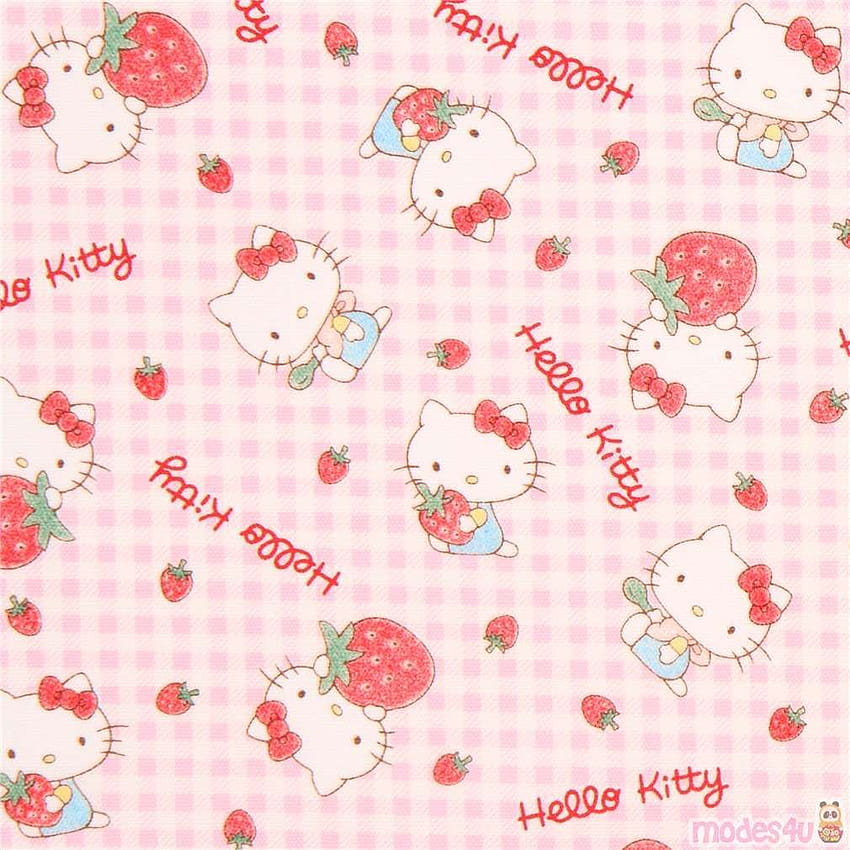 jasnofioletowa kratka biała Hello Kitty truskawkowa tkanina oxford, estetyka hello kitty Tapeta na telefon HD