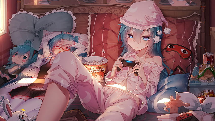 Lazy, Anime Girl, Video Game, Play, Hatsune Miku, , Background, 4b6912, lazy anime HD wallpaper