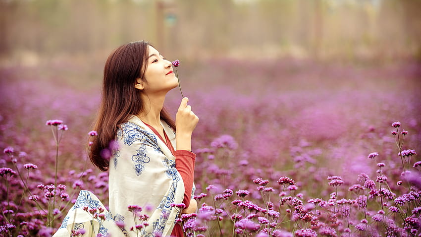 Happy Chinese girl, pink flowers, spring 7680x4320, flower girl HD wallpaper