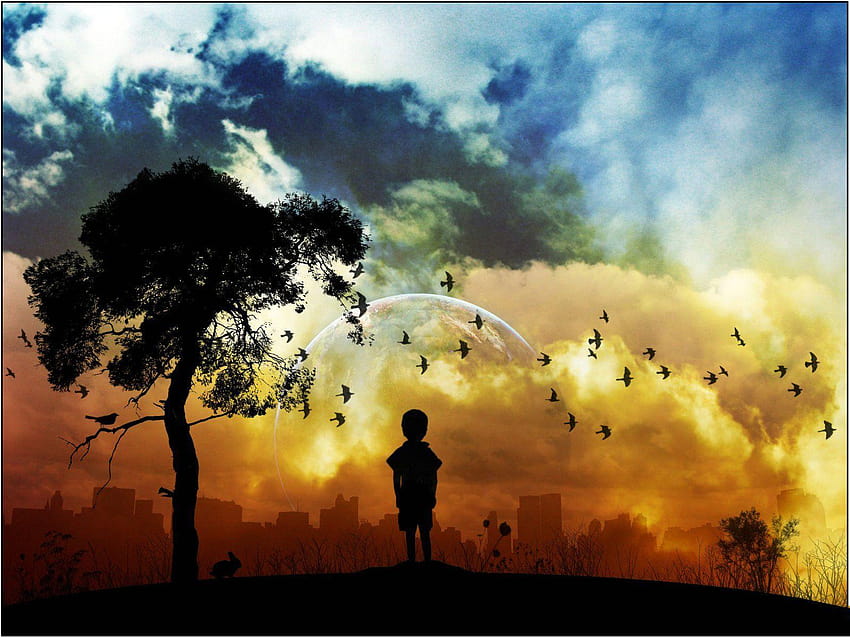3D kleiner einsamer Junge mit fröhlichem Himmel und Vögeln HD-Hintergrundbild