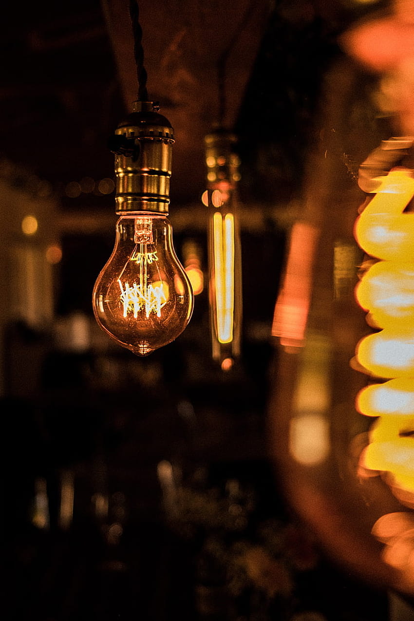 Grey Light Bulb, Lamp, Lighting, Electricity, Illuminated, hanging lights HD phone wallpaper