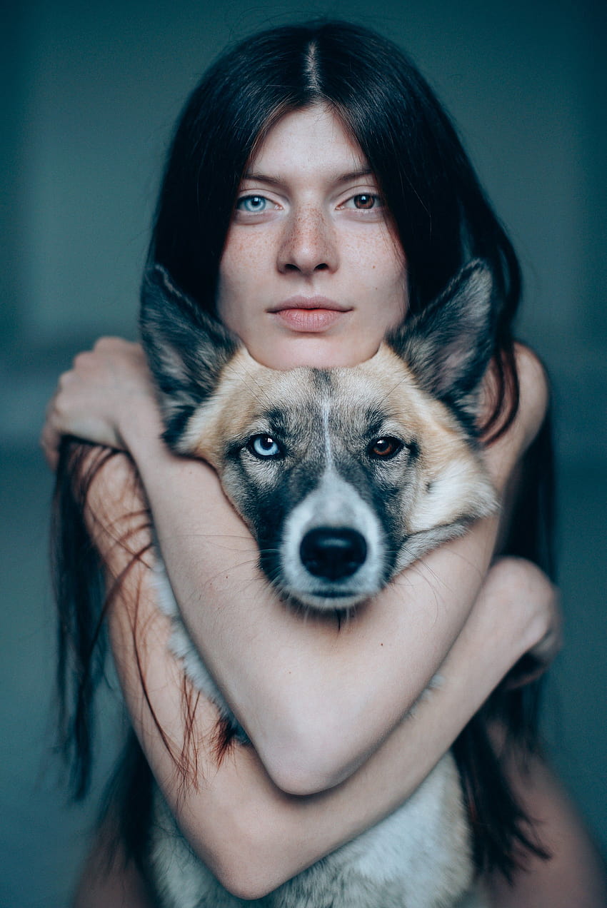 : women, dog, heterochromia, freckles, portrait display, blue eyes, brown eyes 2664x3988, women and dog HD phone wallpaper
