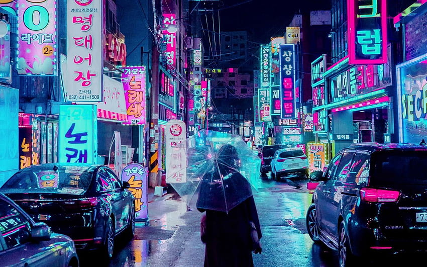 1440x900 night city, street, umbrella, man, signboards, aesthetic city street HD wallpaper