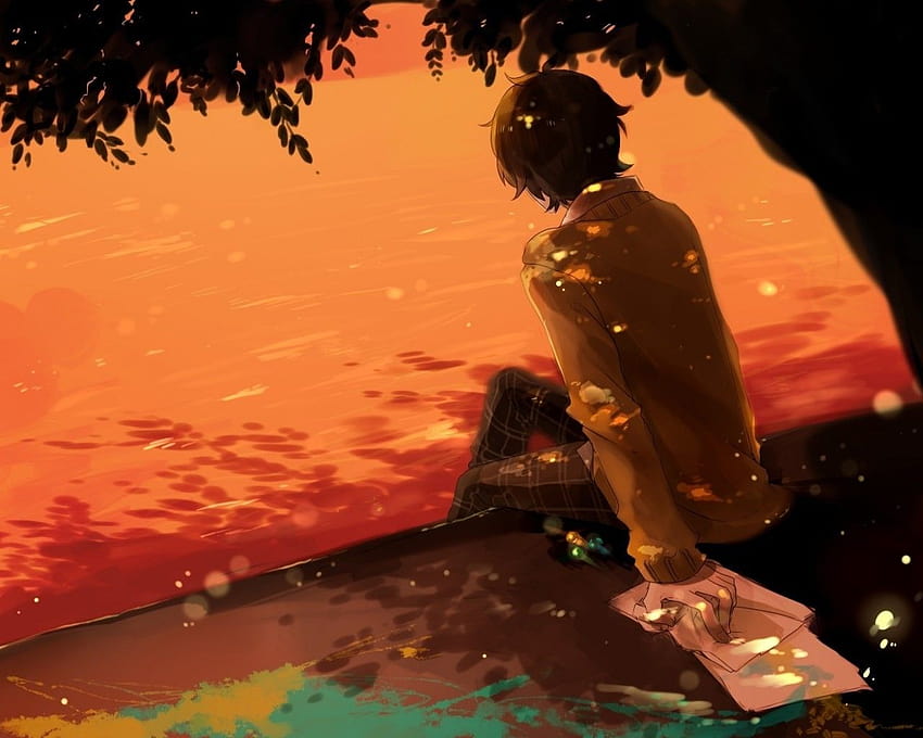 1280x1024 Anime Boy, Sunset, Tree, anime sunset and trees fondo de pantalla