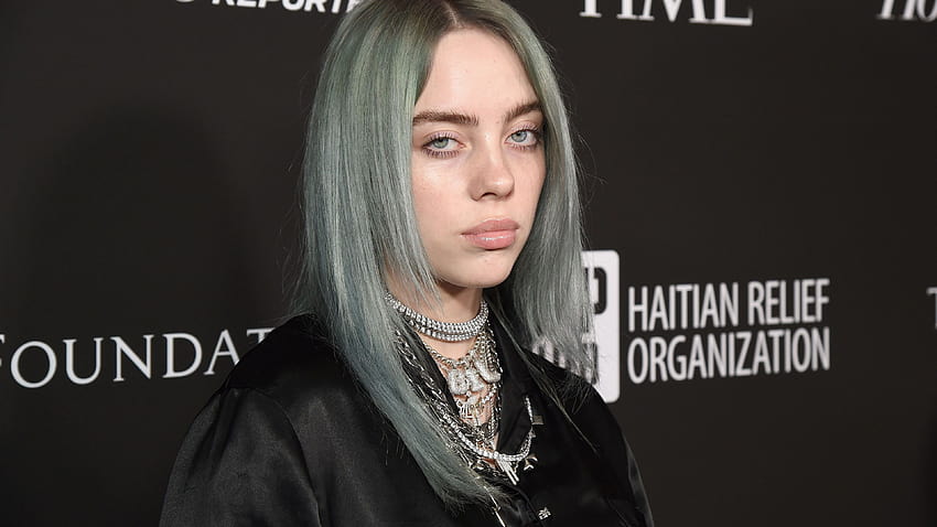 Billie Eilish Is Having Ash Color Hair Wearing Black Shirt And Wearing Silver Chains On Neck Looking Camera Celebrities HD wallpaper
