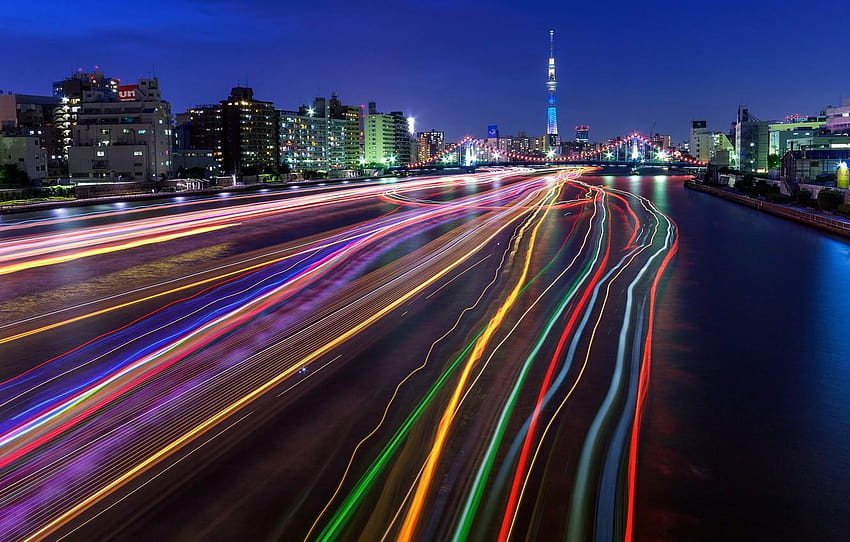 Stadt, Lichtspuren, Tokyo Sky Tree, Langzeitbelichtung, leichte Langzeitbelichtung HD-Hintergrundbild