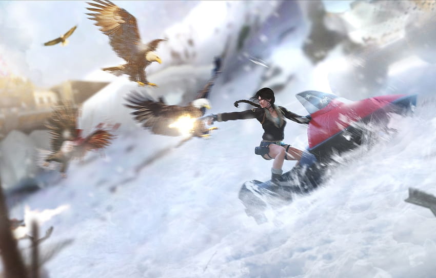 girl, snow, birds, lara croft, the eagles, tomb raider, snowmobile, tibet , section игры HD wallpaper