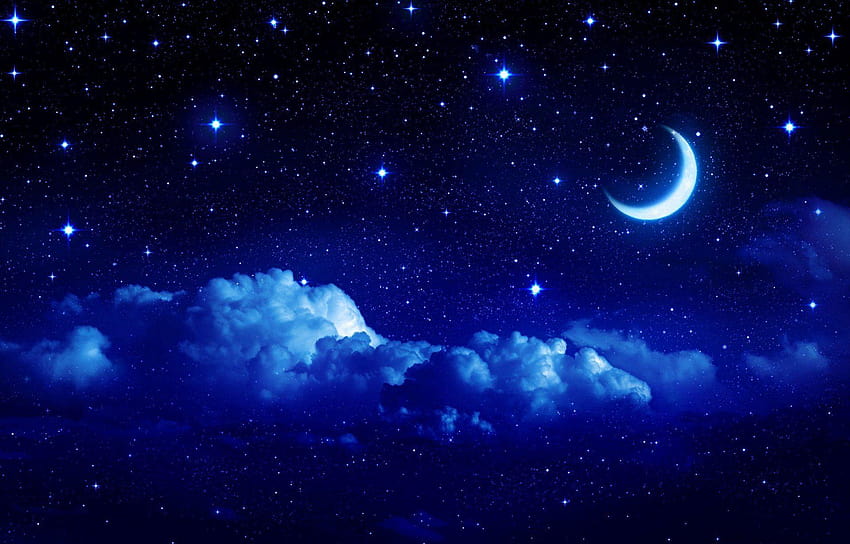 landscape star sky moon year crescent cloud clouds night tale, star in the sky HD wallpaper