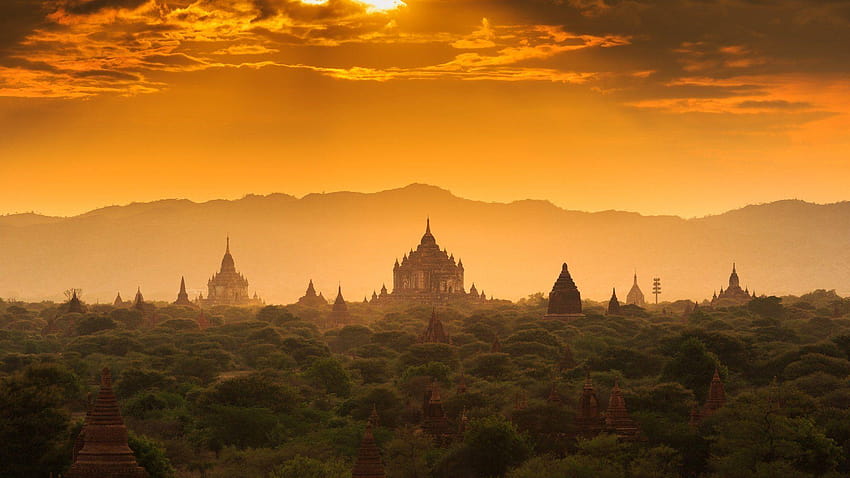 myanmar birmânia a cidade perdida arquitetura antiga templo da floresta do pôr do sol papel de parede HD