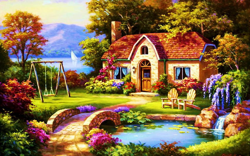 Cottage Garden Bridge Pond, Blumengarten mit Cottage HD-Hintergrundbild