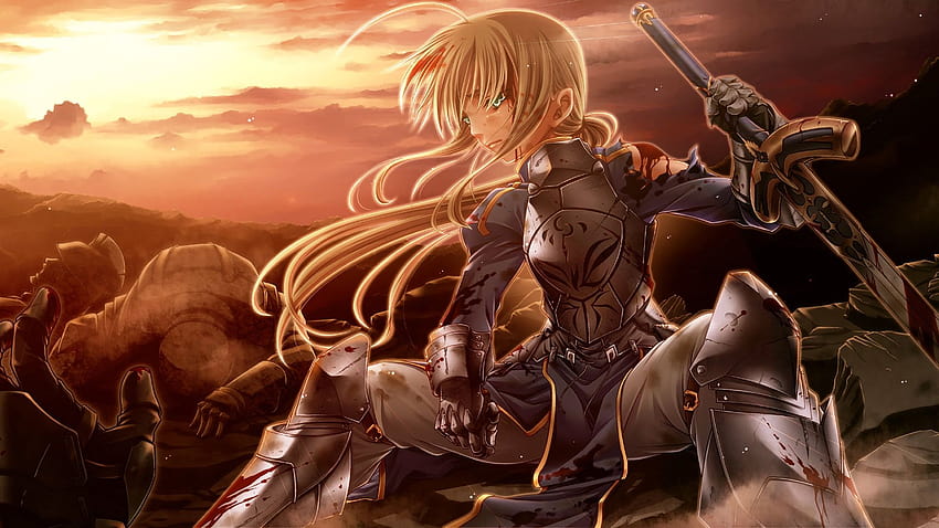zachód słońca Fatestay noc krew broń zbroja szabla Anime Girls miecze Fate Series 1920x1080 wallpa –, anime Girl Armor Tapeta HD