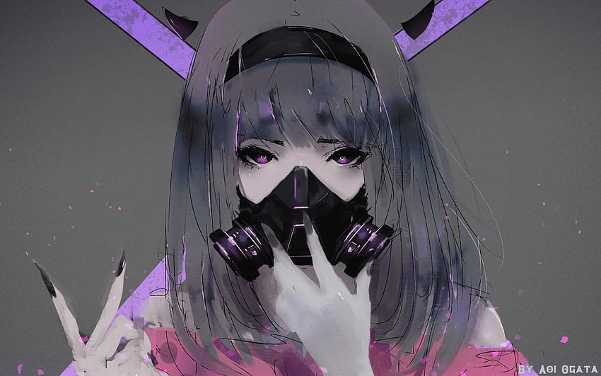 Fioletowe oczy, rogi, dziewczyna, czarne włosy, maska ​​przeciwgazowa, długie włosy, dziewczyna używająca maski respiratora anime Tapeta HD