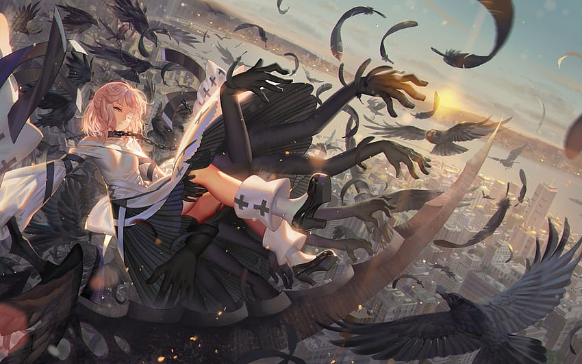 2560x1600 Forever 7th Capital, Anime Girl, Crows, Pink, city anime pink HD wallpaper