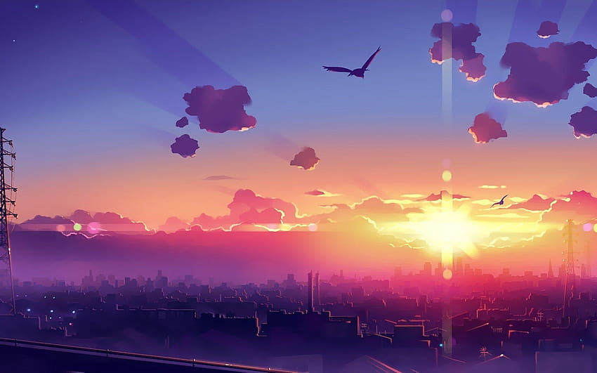 city birds clouds sun anime, love birds anime HD wallpaper