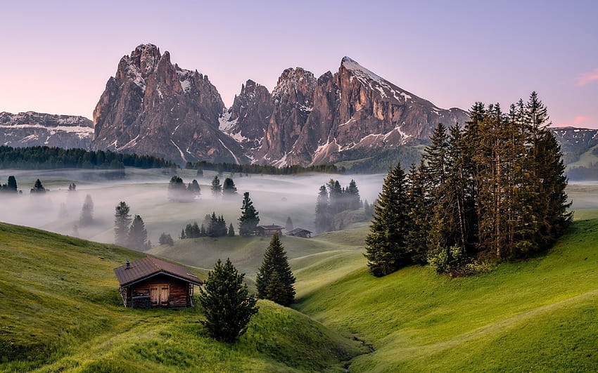 アルプス、イタリア、ドロミテ、霧、自然、山、木、3840x2400、ドロミテ、イタリア、霧の多い山 高画質の壁紙